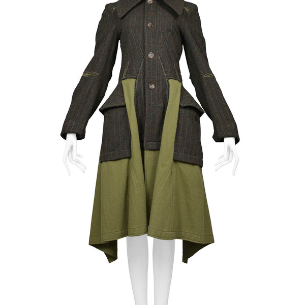 ナス慎吾【UNUSED】HERRINGBONE GOWN COAT 189 JUNYADARKGREENWOOLPINSTRIPECOA