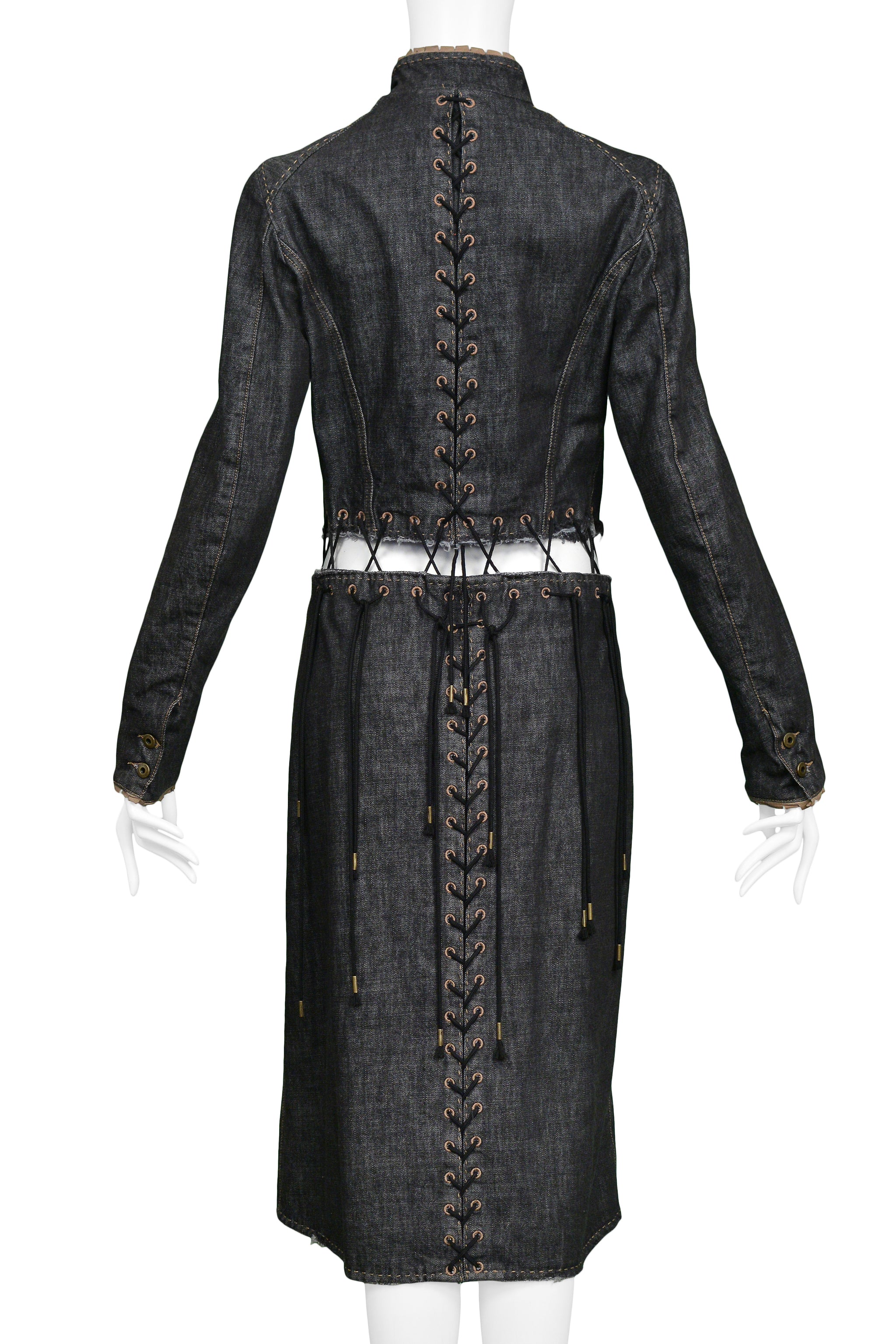 ALEXANDER MCQUEEN BLACK DENIM "IRERE" COAT WITH LACES 2003