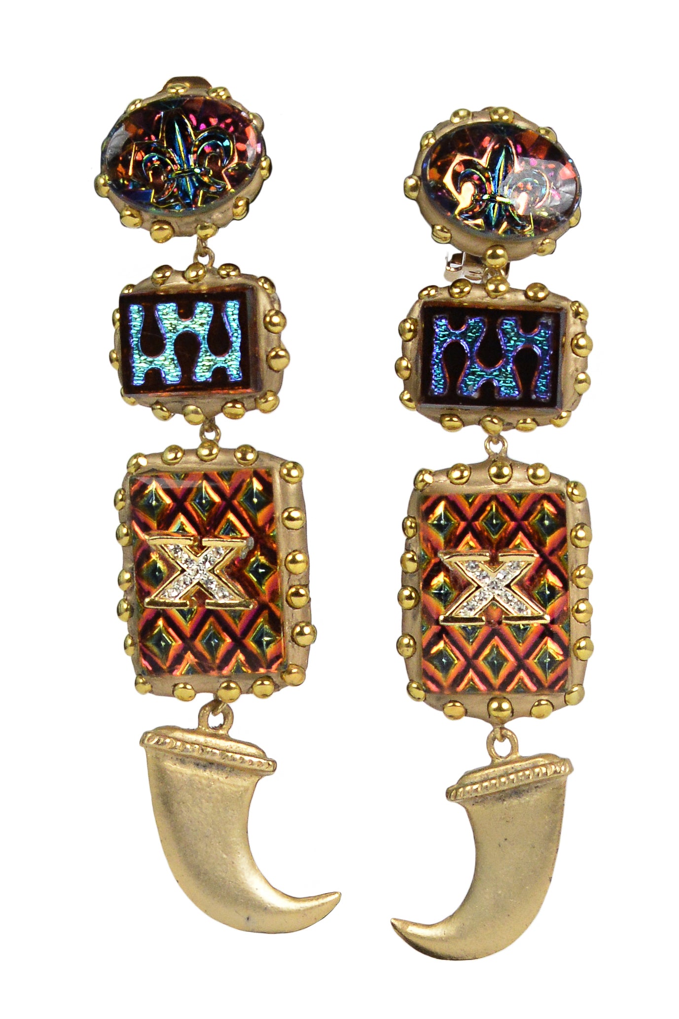 MINADEO AURORA BOREALIS CRYSTAL CABOCHON EARRINGS  WITH GOLD TUSKS