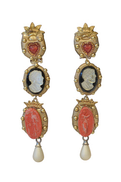MINADEO CORAL LAVA CAMEO & GLASS HEART DROP EARRINGS