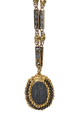 MINADEO LADY WITH BIRDS CAMEO WITH ENAMEL CHAIN NECKLACE