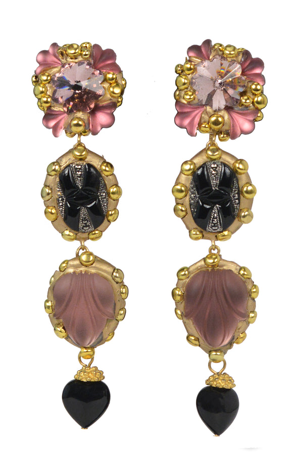 MINADEO PINK FLORAL AND BLACK X EARRINGS