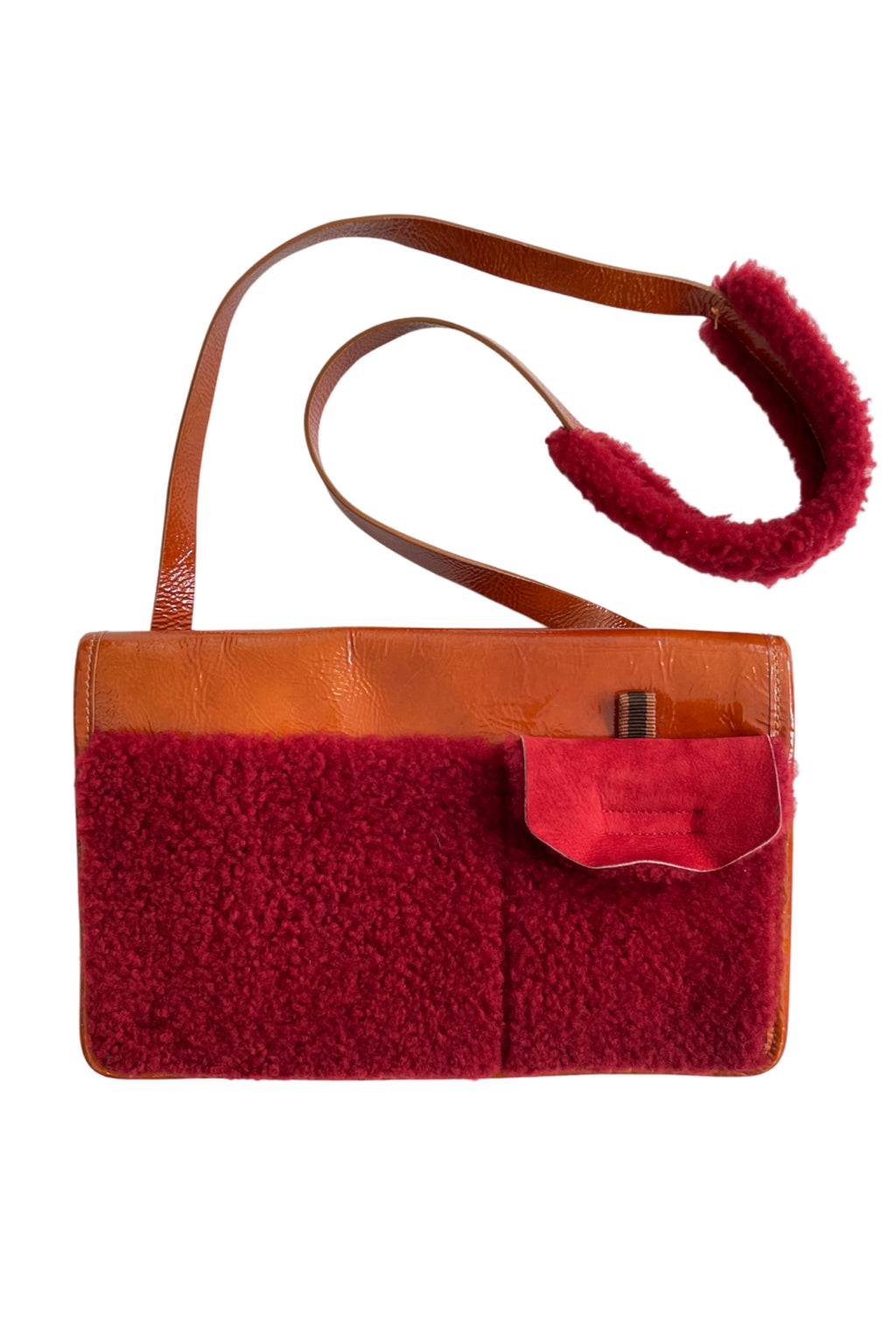 MIU MIU ORANGE PATENT u0026 RED SHEARLING BAG