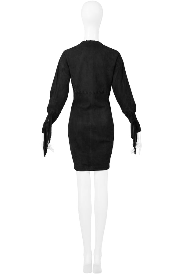 ISAAC MIZRAHI BLACK LEATHER SUEDE DRESS 1989