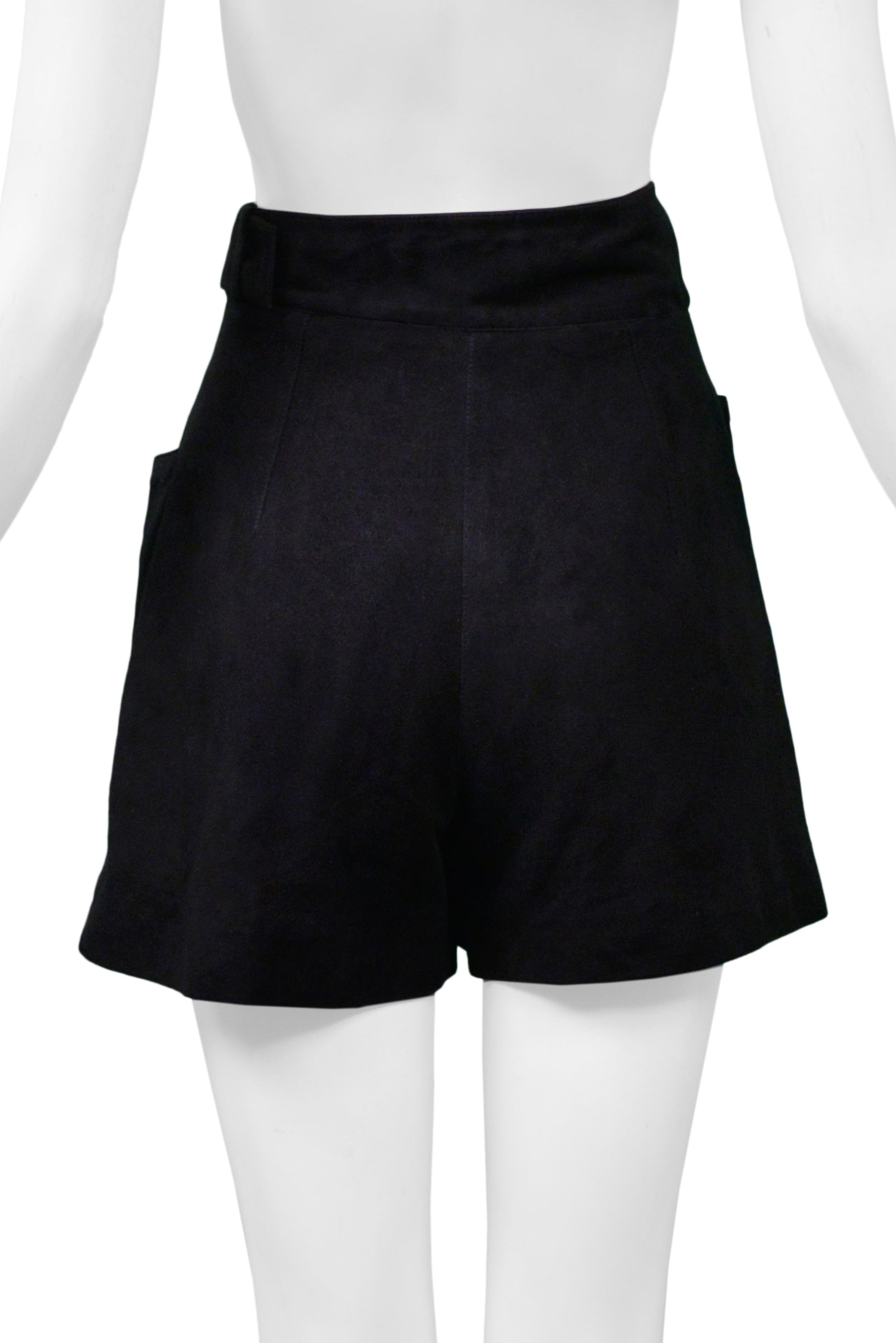 CLAUDE MONTANA BLACK SUEDE BELTED SHORTS WITH SILVER BUCKLE