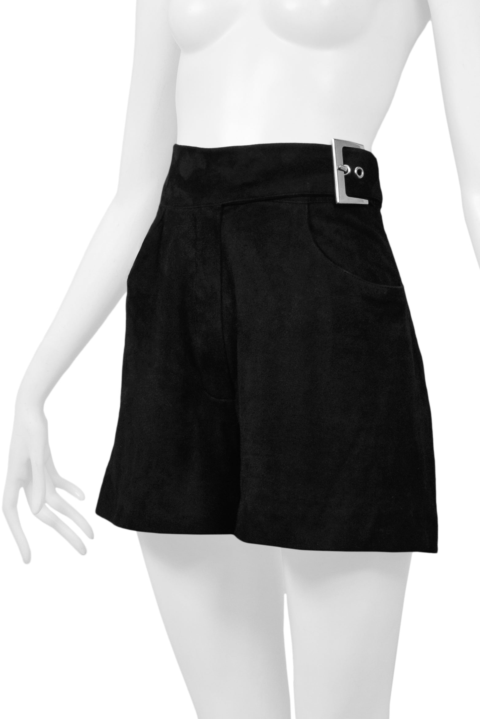 CLAUDE MONTANA BLACK SUEDE BELTED SHORTS WITH SILVER BUCKLE
