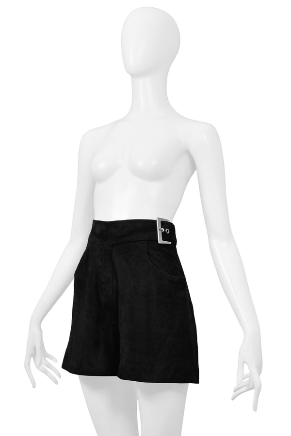 CLAUDE MONTANA BLACK SUEDE BELTED SHORTS WITH SILVER BUCKLE