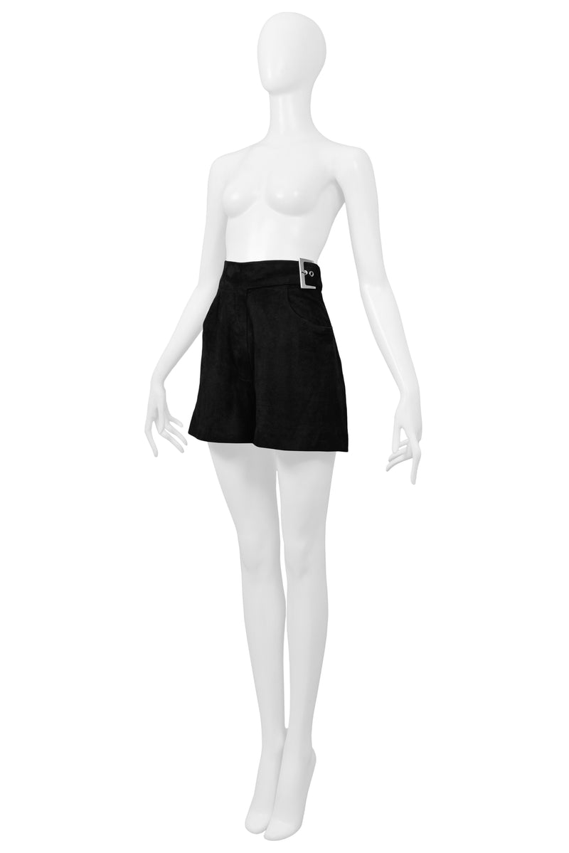 CLAUDE MONTANA BLACK SUEDE BELTED SHORTS WITH SILVER BUCKLE