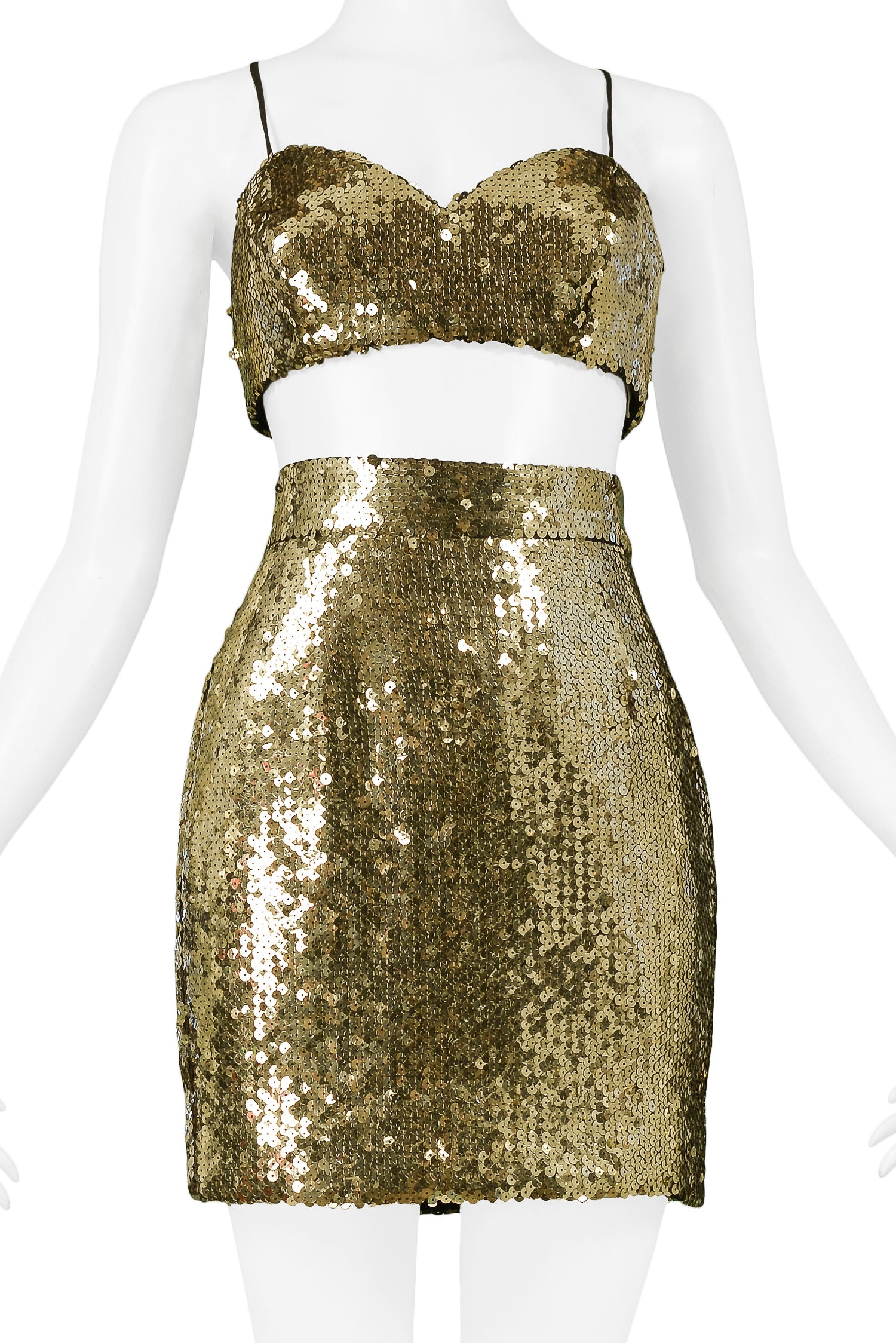 MOSCHINO GOLD SEQUIN BOMBER JACKET, BRA & SKIRT 1989