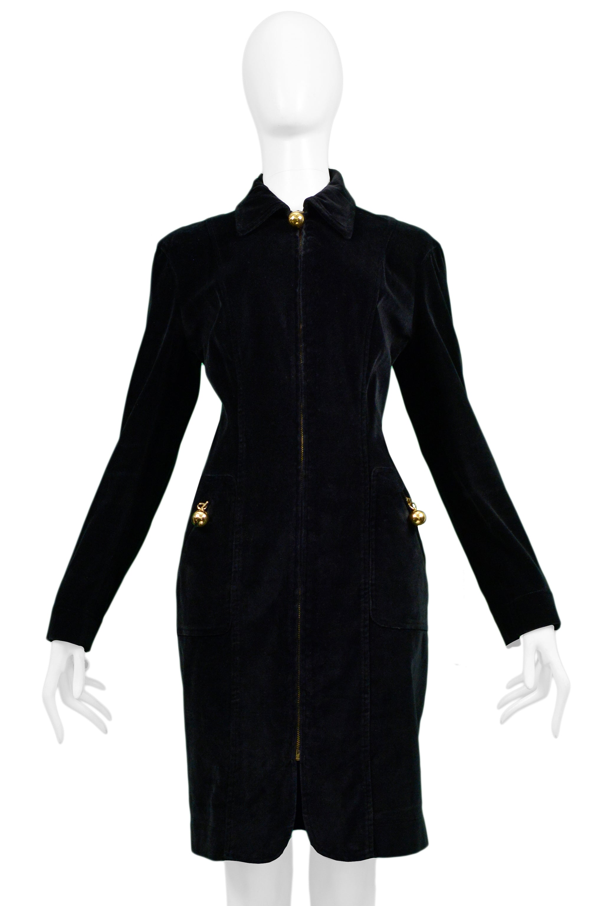 MOSCHINO BLACK VELVET ZIP COAT DRESS WITH GOLD BALLS