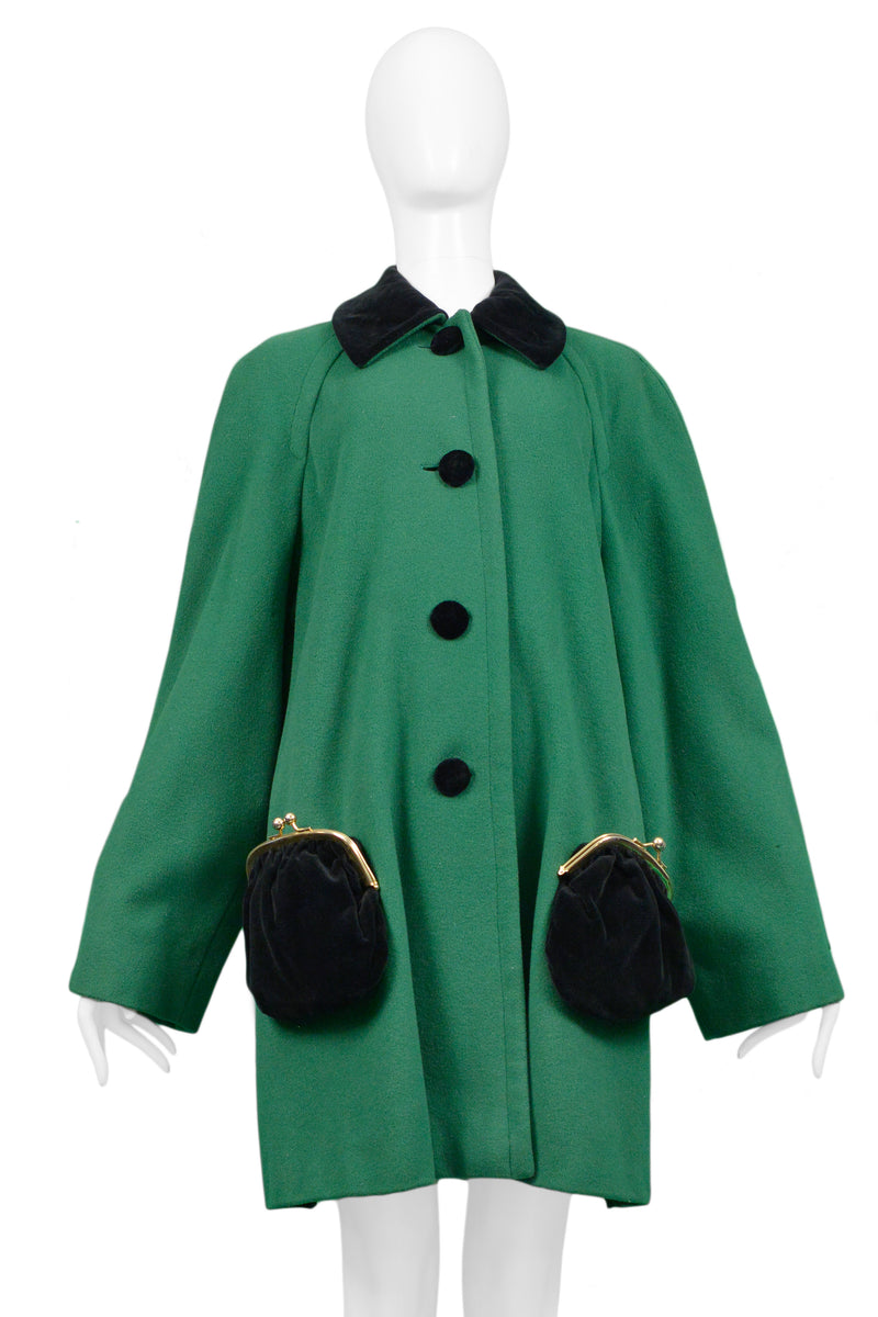 MOSCHINO GREEN SWING COAT WITH VELVET COIN PURSES