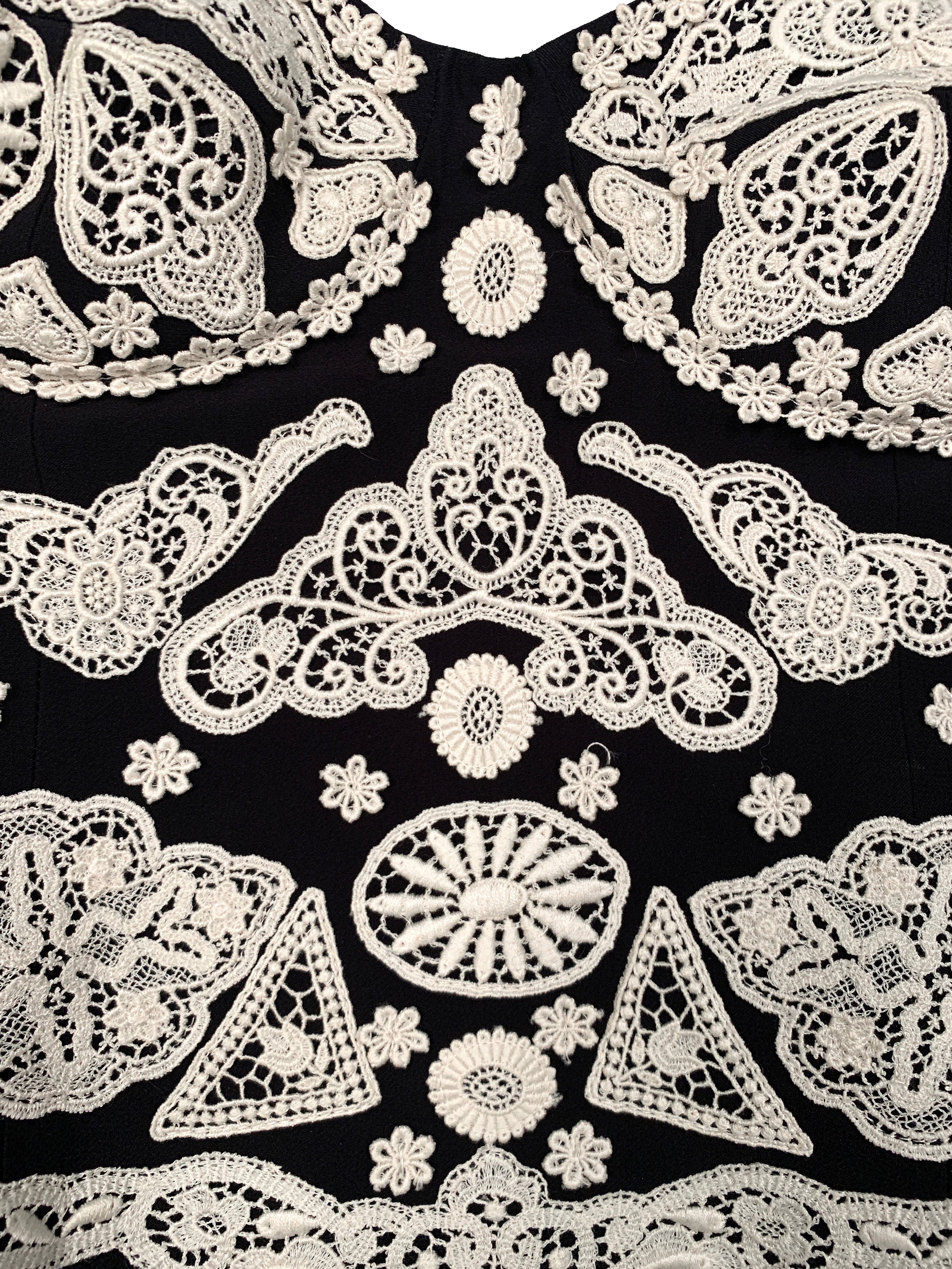 MOSCHINO 1991 BLACK & WHITE BUSTIER & VELVET SKIRT SET WITH CROCHET APPLIQUES