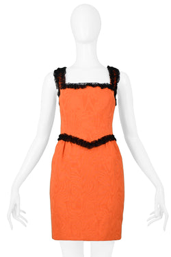 MOSCHINO COUTURE ORANGE QUILTED FAILLE WITH BLACK LACE TRIM DRESS