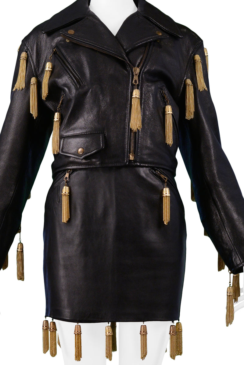 MOSCHINO  BLACK LEATHER SKIRT SUIT WITH GOLD CHAIN TASSELS 1989
