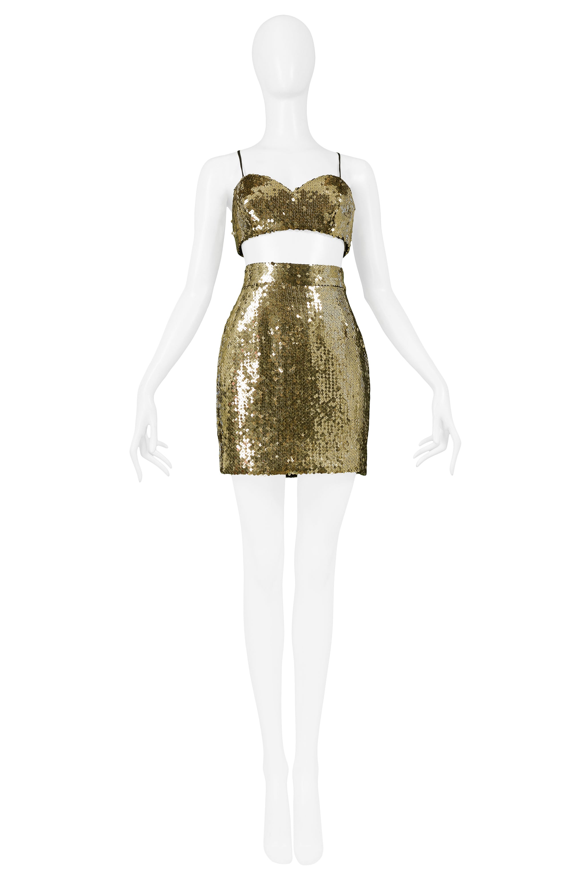 MOSCHINO GOLD SEQUIN BOMBER JACKET, BRA & SKIRT 1989