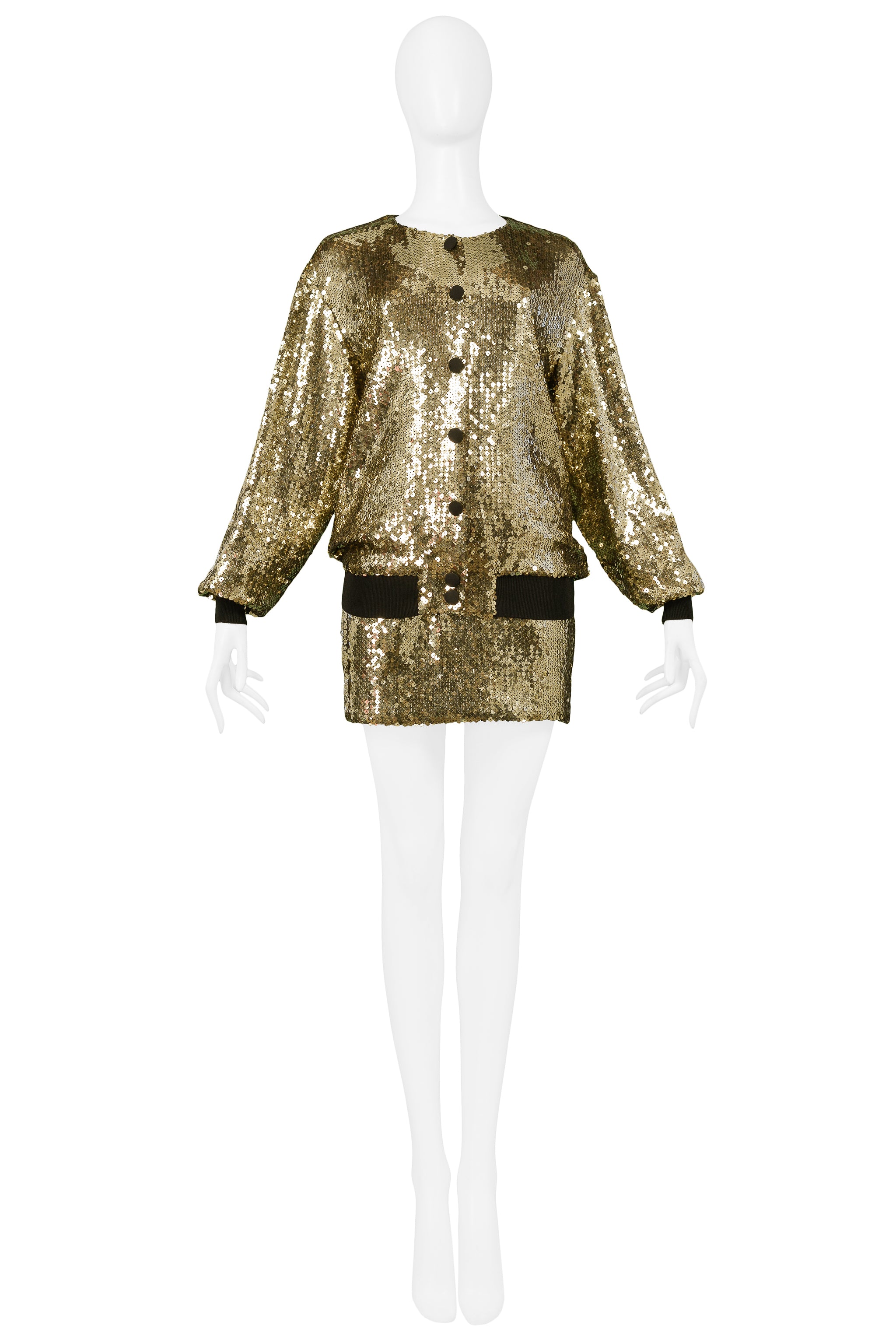 MOSCHINO GOLD SEQUIN BOMBER JACKET, BRA & SKIRT 1989