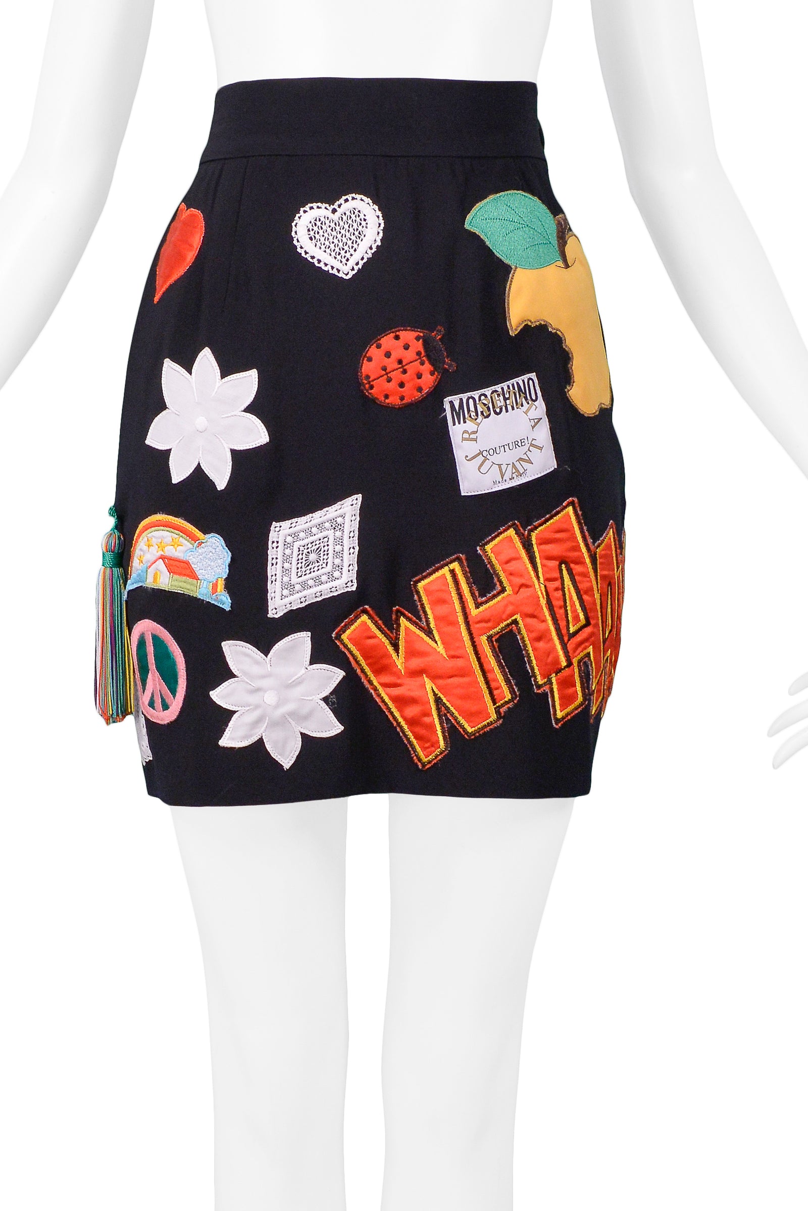 MOSCHINO 1993/94 MULTICOLOR ''WHAM'' PATCH SKIRT & BUSTIER