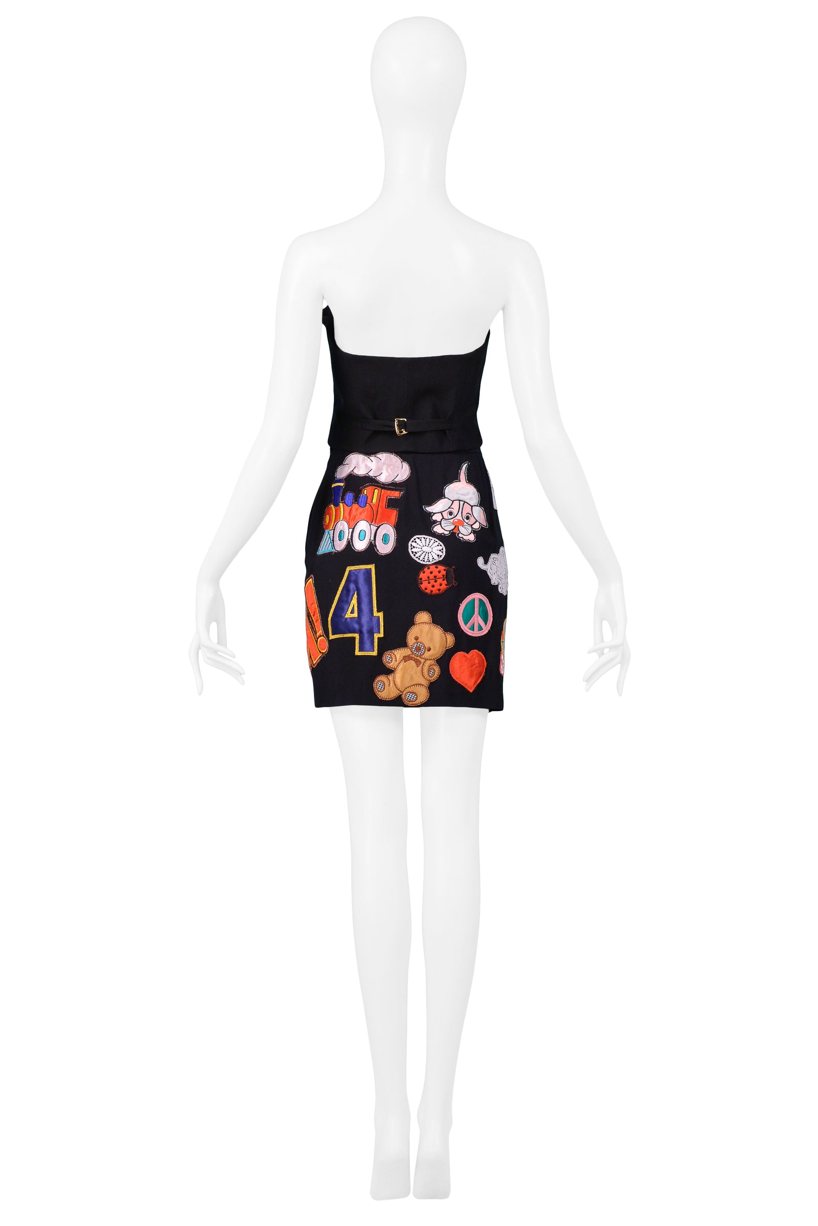 MOSCHINO 1993/94 MULTICOLOR ''WHAM'' PATCH SKIRT & BUSTIER