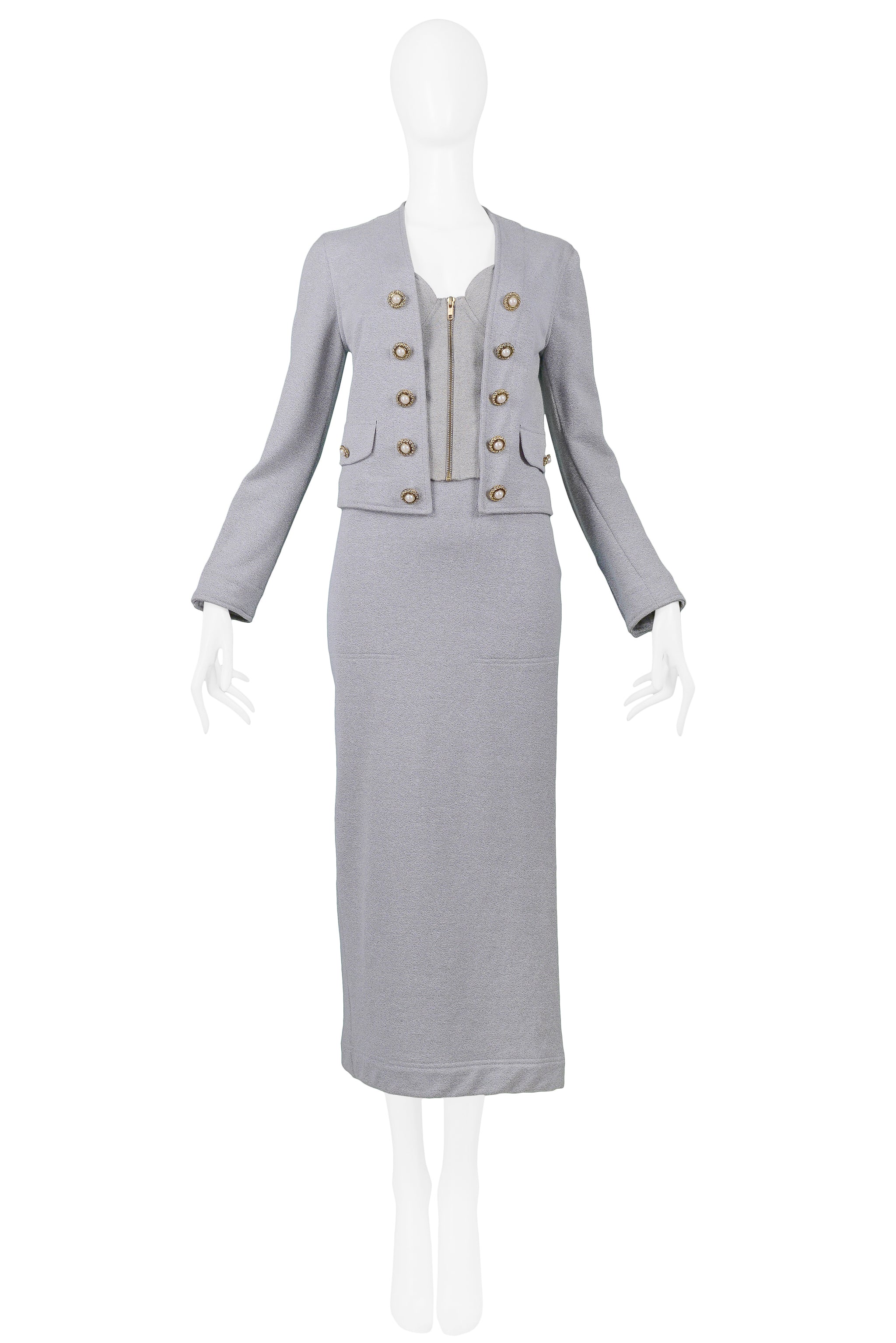 MOSCHINO "JUVANT" GREY SWEATSHIRT JACKET & SKIRT ENSEMBLE 1994