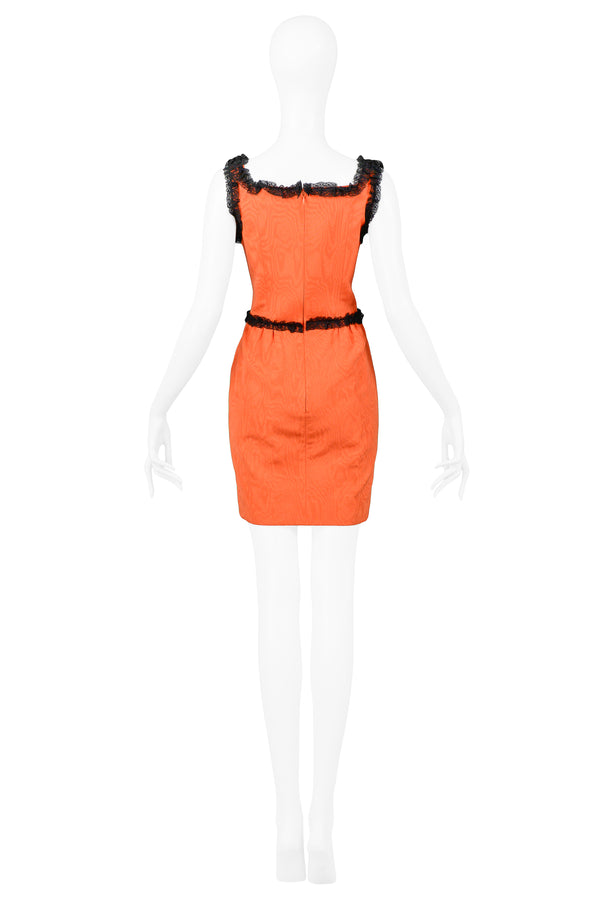 MOSCHINO COUTURE ORANGE QUILTED FAILLE WITH BLACK LACE TRIM DRESS