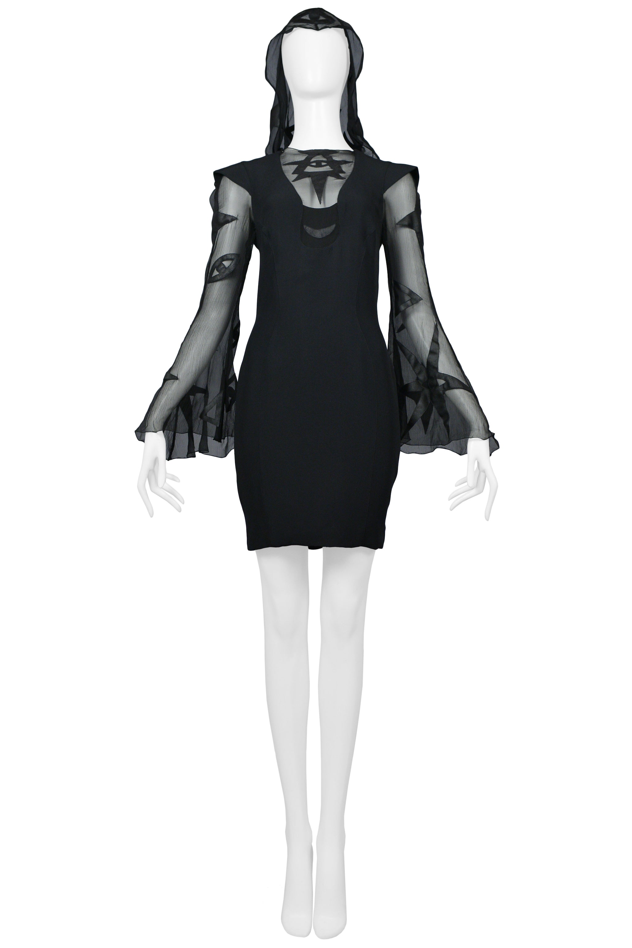 THIERRY MUGLER BLACK MYSTICAL SYMBOLS DRESS WITH HOOD