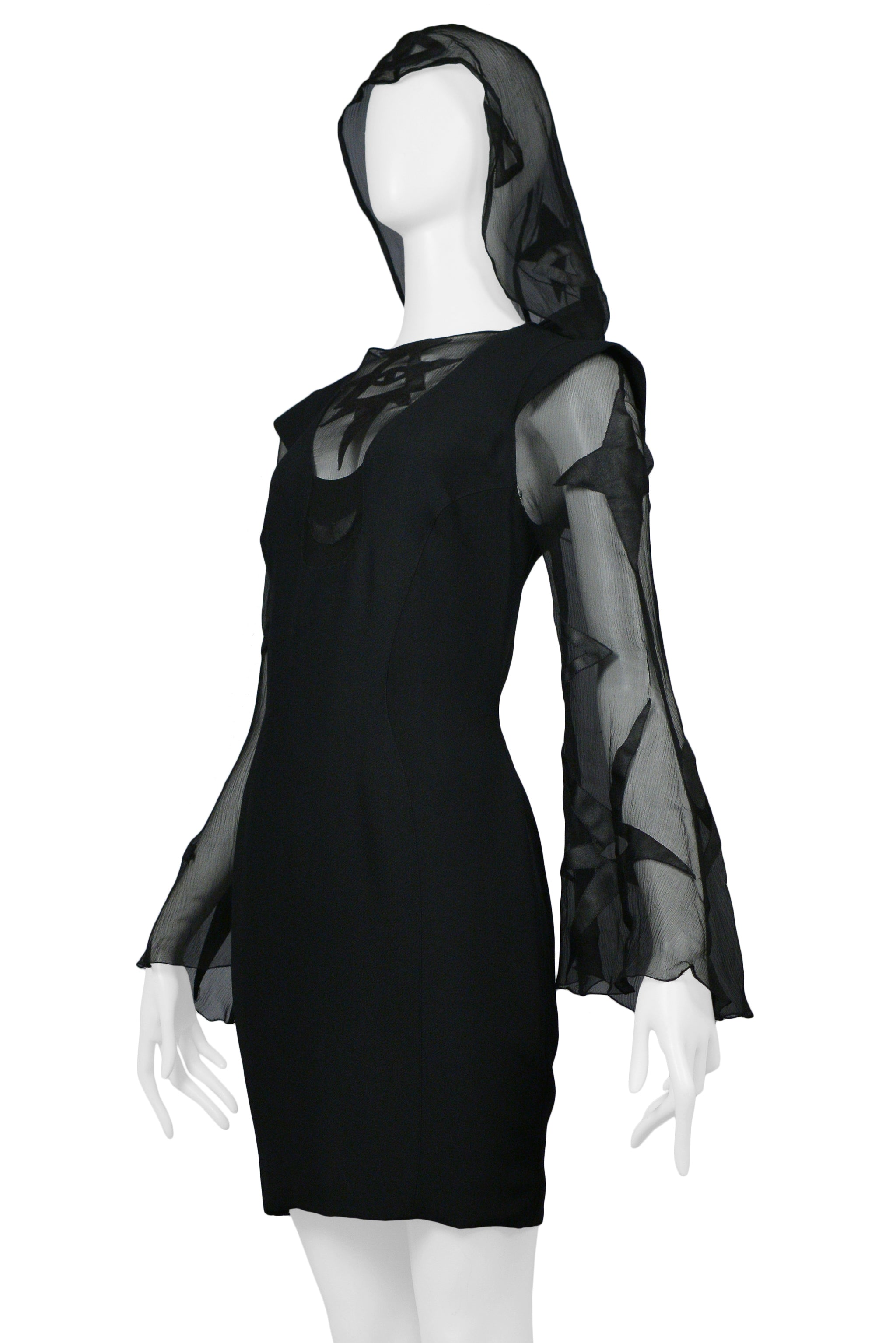 THIERRY MUGLER BLACK MYSTICAL SYMBOLS DRESS WITH HOOD