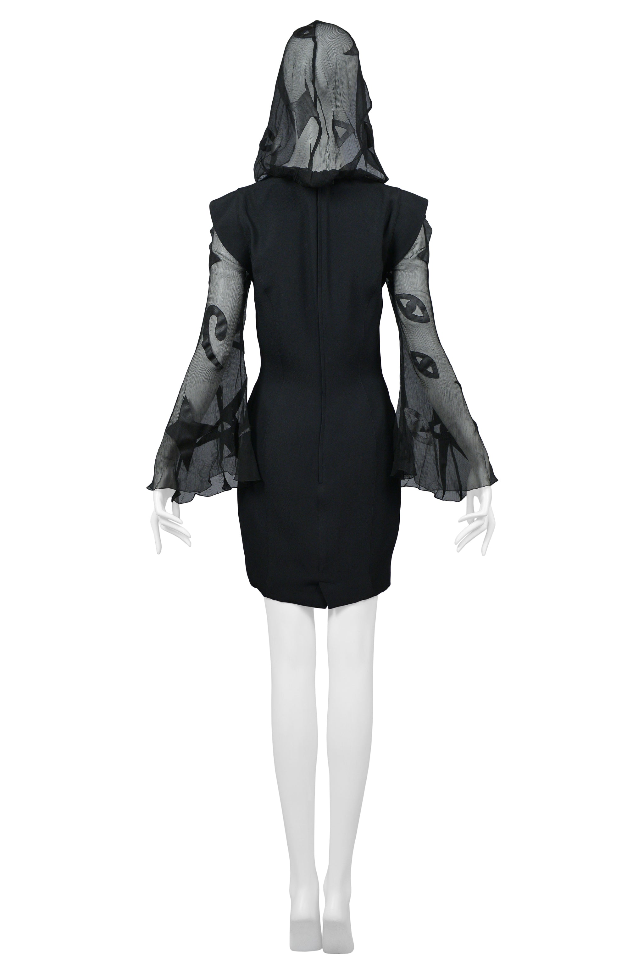 THIERRY MUGLER BLACK MYSTICAL SYMBOLS DRESS WITH HOOD