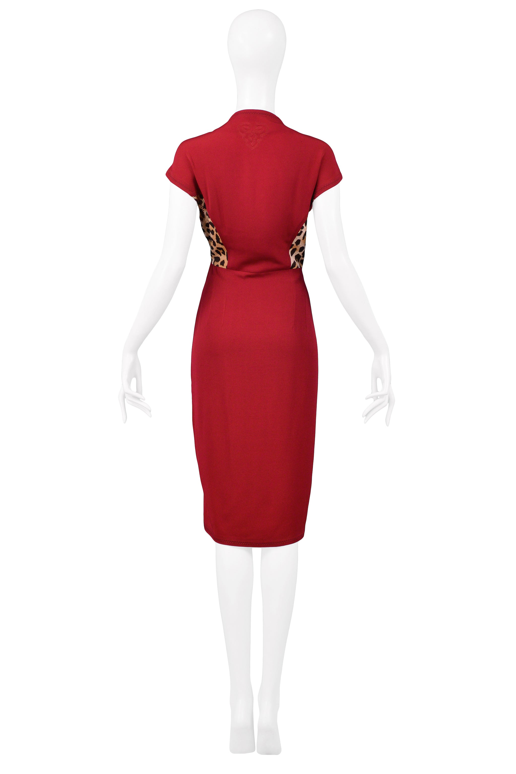 RIFAT OZBEK CRANBERRY & LEOPARD INSERT DRESS WITH WRAP DRAPE EFFECT