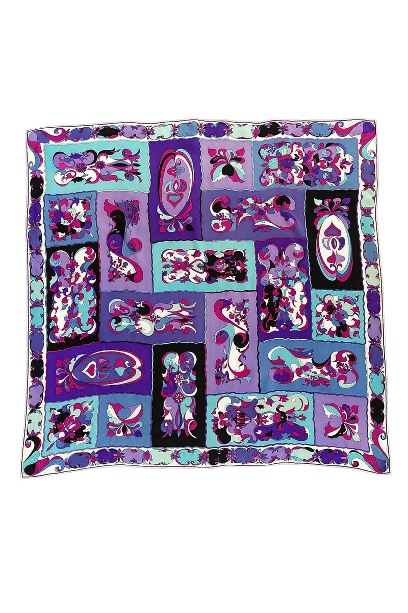 PUCCI PURPLE & BLUE ABSTRACT FLORAL PRINT CREPE SCARF