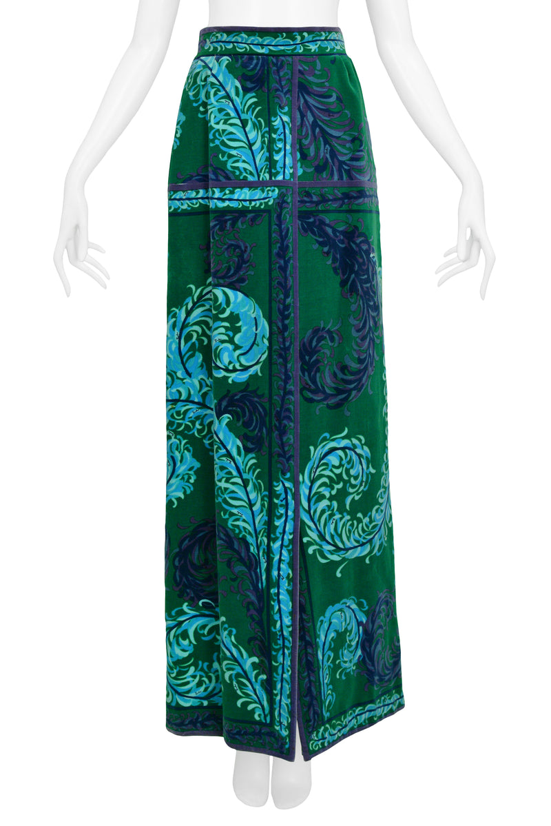PUCCI GREEN & BLUE VELVET HOSTESS SKIRT WITH FEATHER PRINT