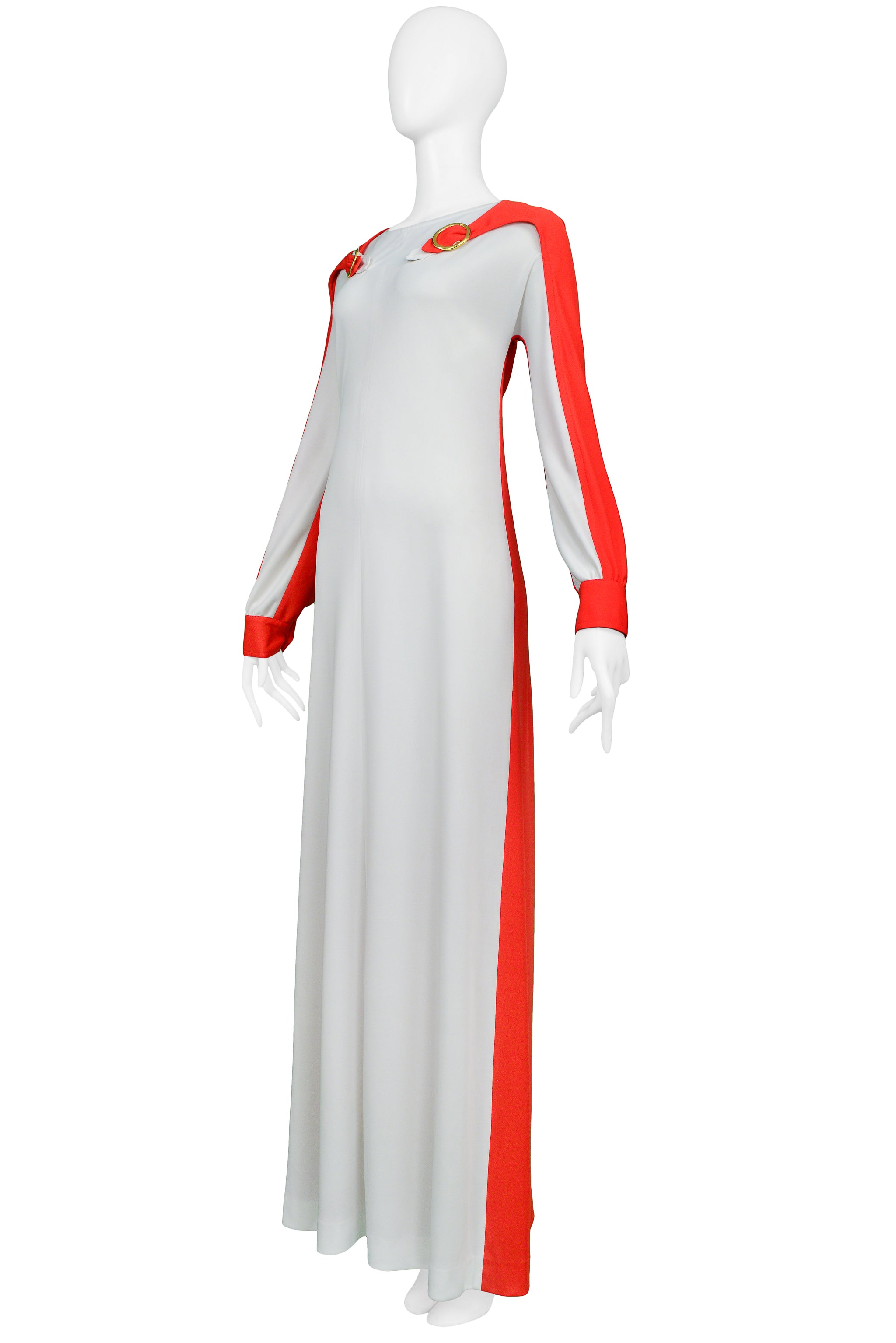 ROBERTA DI CAMERINO TROMPE L'OEIL WHITE &amp; RED BUCKLE MAXI DRESS