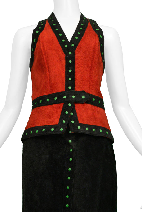 GIORGIO SANT ANGELO BLACK & RED SUEDE VEST AND SKIRT ENSEMBLE