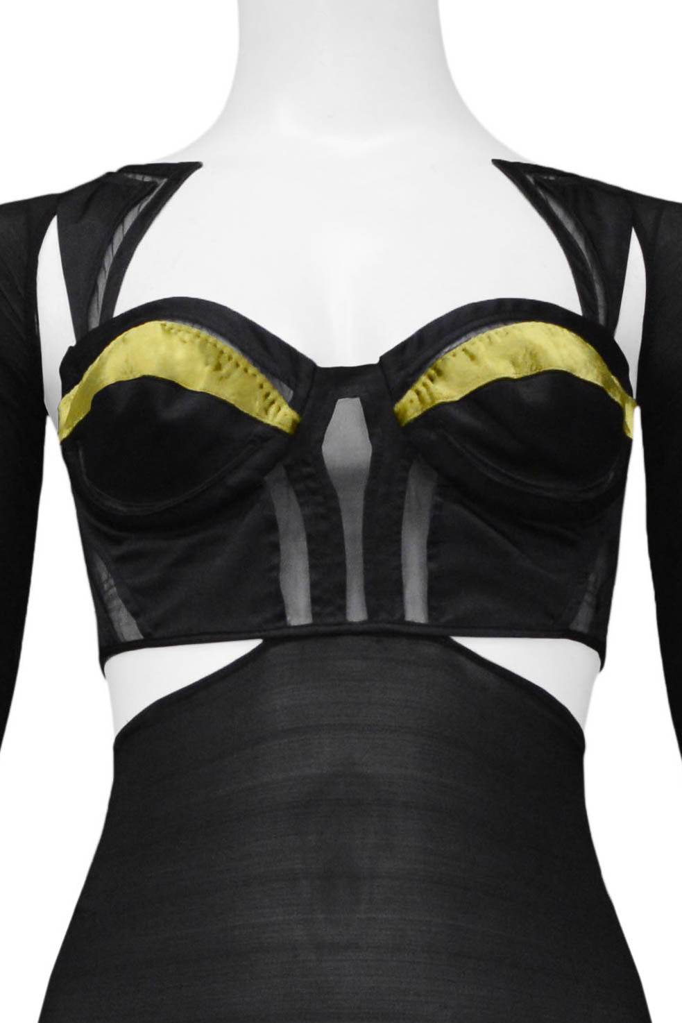 GUCCI BLACK CUT OUT TOP WITH SHEER SLEEVES & GOLD VELVET DETAIL ON CUPS 2005