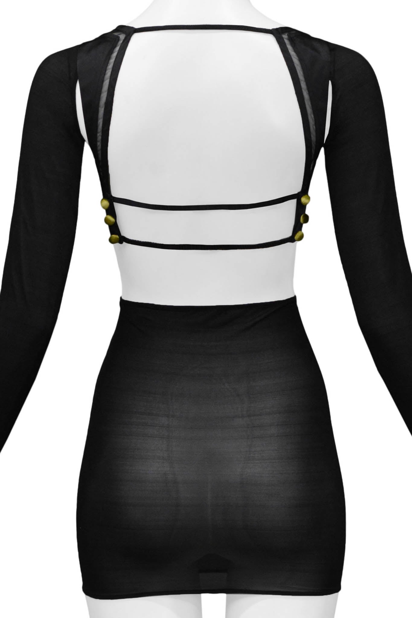 GUCCI BLACK CUT OUT TOP WITH SHEER SLEEVES & GOLD VELVET DETAIL ON CUPS 2005