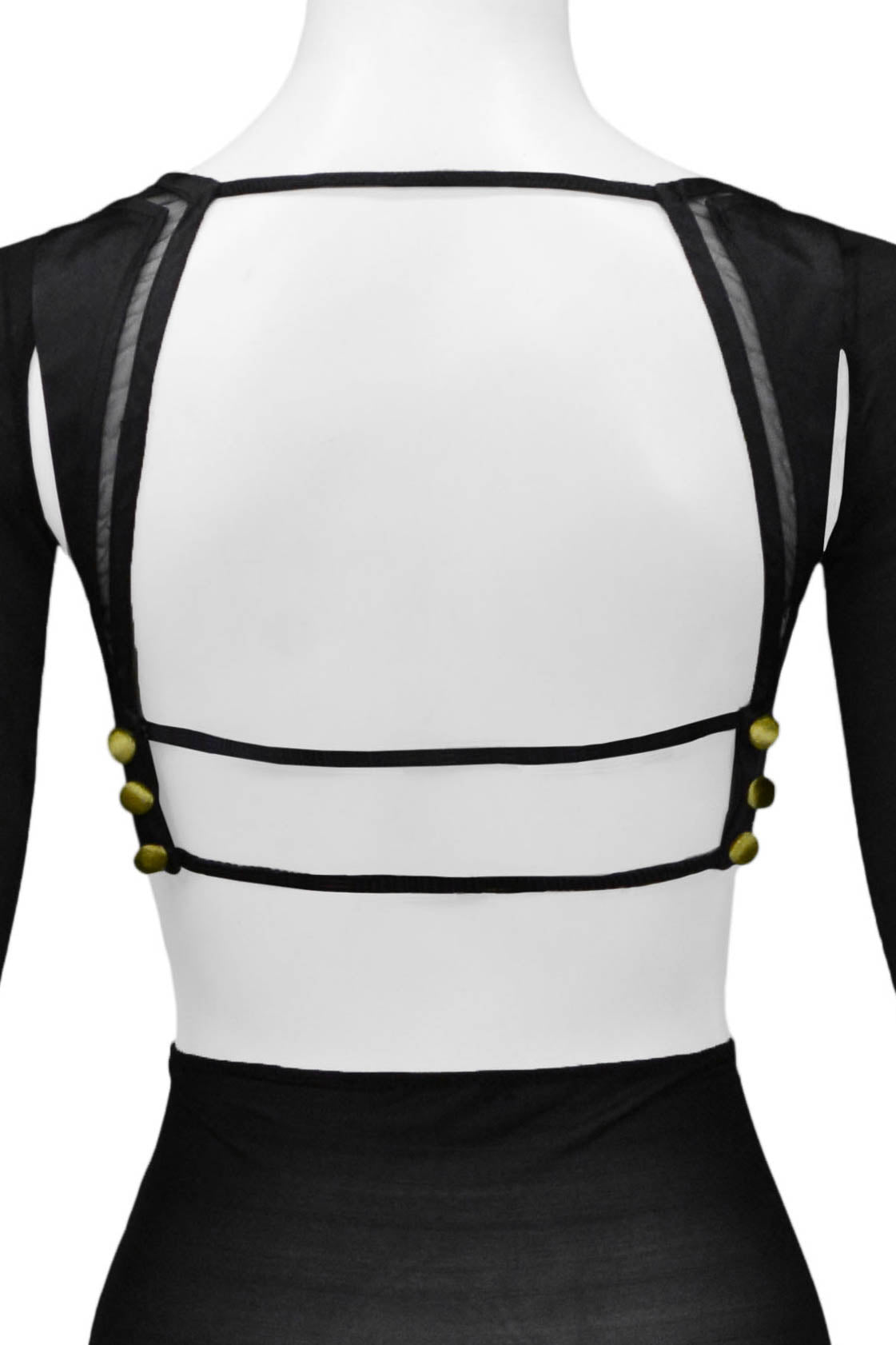 GUCCI BLACK CUT OUT TOP WITH SHEER SLEEVES & GOLD VELVET DETAIL ON CUPS 2005