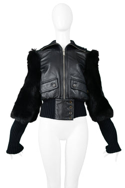2000s Vintage Black Leather Jacket with Faux Fur Collar