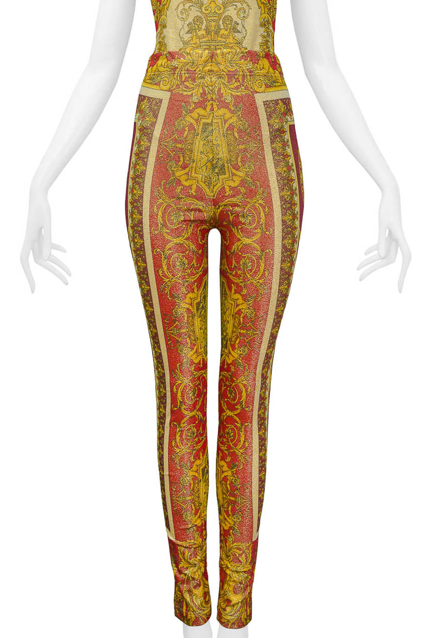 VERSACE 1992 RED & GOLD METALLIC SPANDEX BAROQUE ENSEMBLE