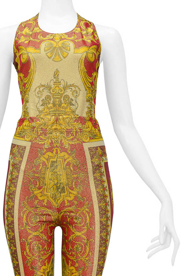 VERSACE 1992 RED & GOLD METALLIC SPANDEX BAROQUE ENSEMBLE