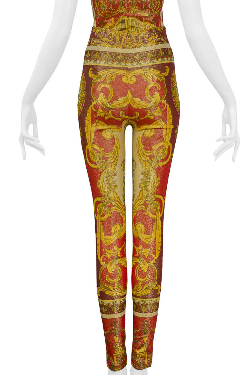 VERSACE 1992 RED & GOLD METALLIC SPANDEX BAROQUE ENSEMBLE