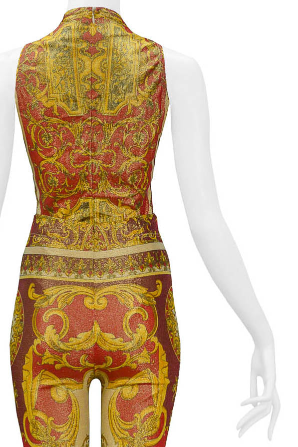 VERSACE 1992 RED & GOLD METALLIC SPANDEX BAROQUE ENSEMBLE