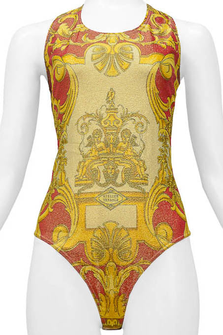 VERSACE 1992 RED & GOLD METALLIC SPANDEX BAROQUE ENSEMBLE