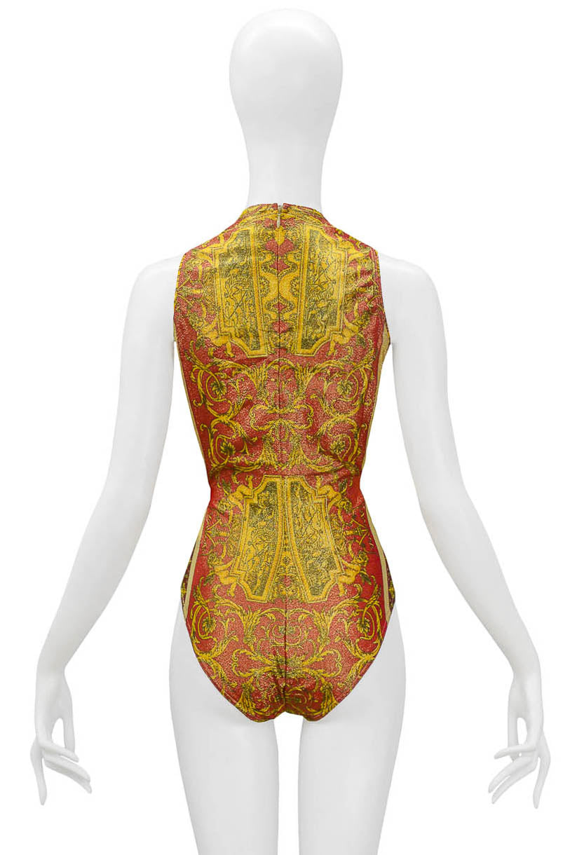 VERSACE 1992 RED & GOLD METALLIC SPANDEX BAROQUE ENSEMBLE