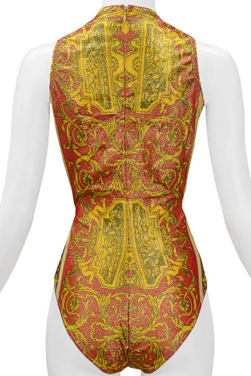 VERSACE 1992 RED & GOLD METALLIC SPANDEX BAROQUE ENSEMBLE