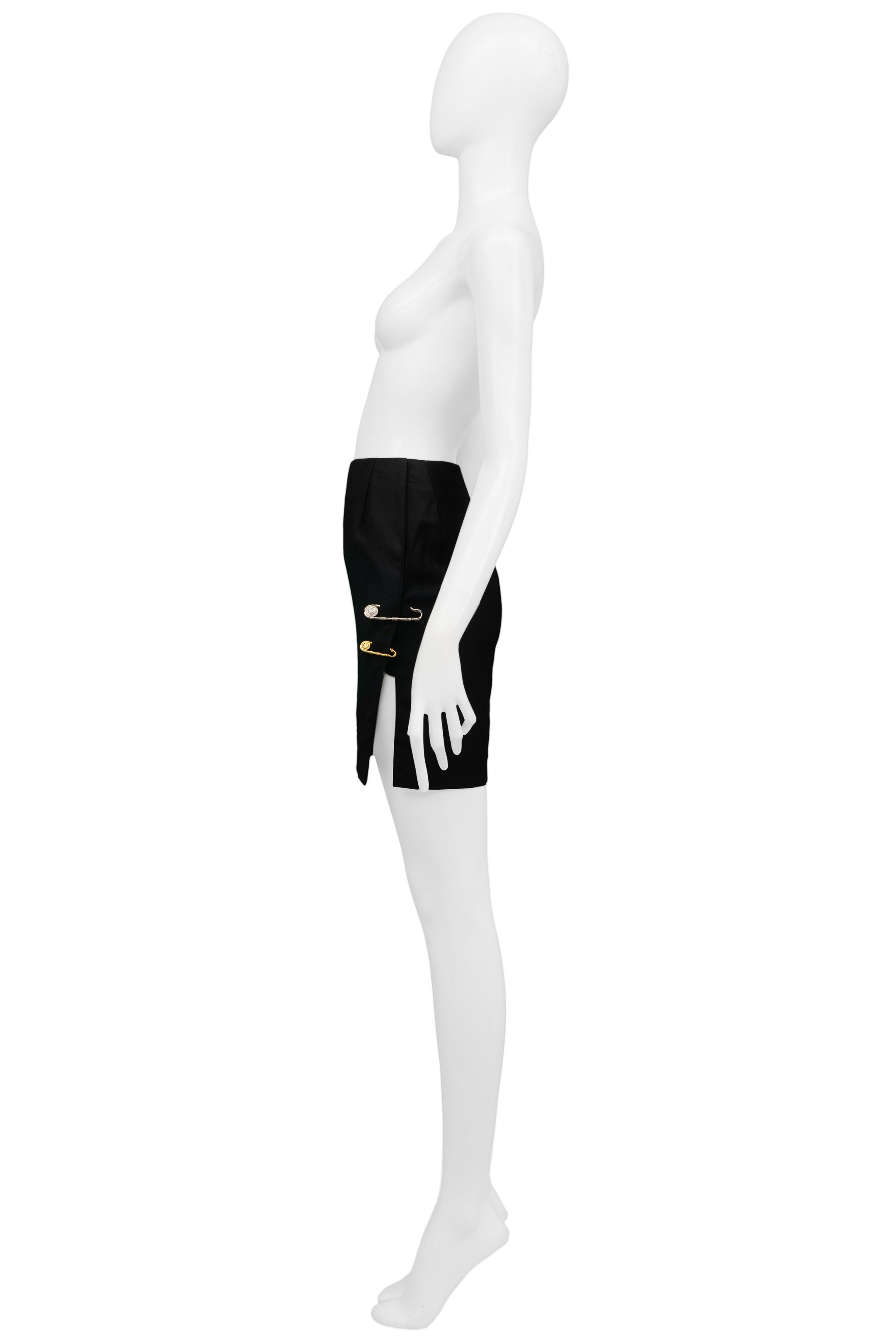VERSACE ICONIC BLACK "SAFETY PIN" MINI SKIRT WITH SLIT 1994