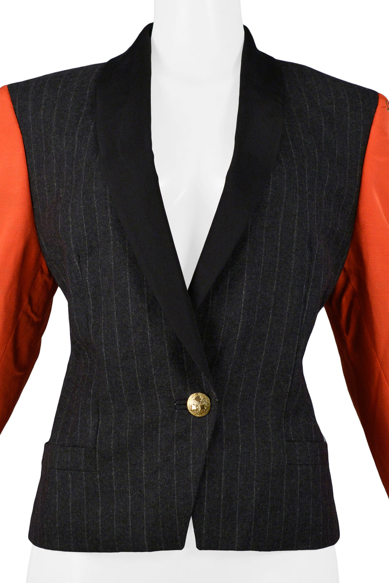 VERSACE COUTURE PINSTRIPE BLAZER WITH RED PRINTED SLEEVES 1990