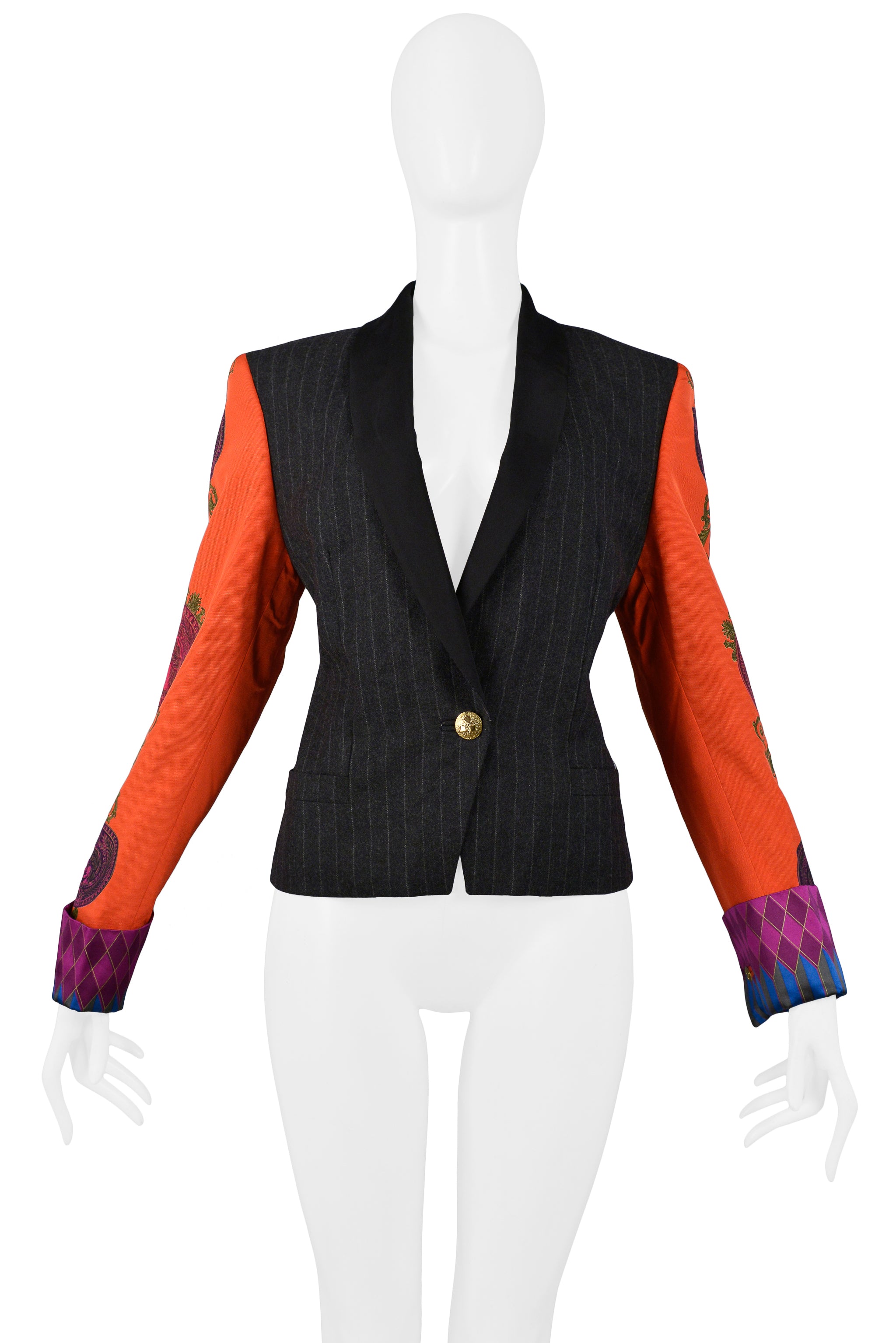 VERSACE COUTURE PINSTRIPE BLAZER WITH RED PRINTED SLEEVES 1990