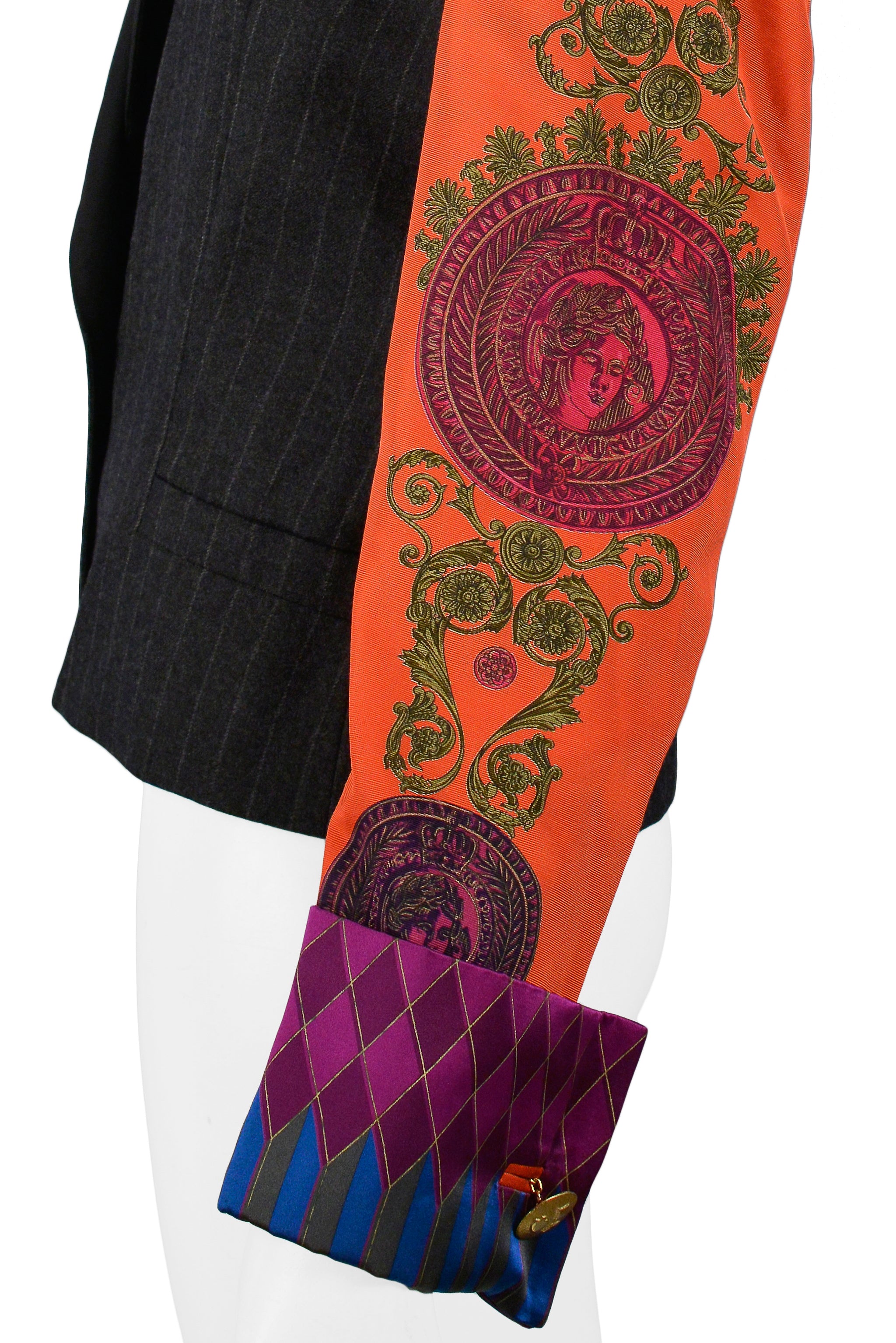 VERSACE COUTURE PINSTRIPE BLAZER WITH RED PRINTED SLEEVES 1990