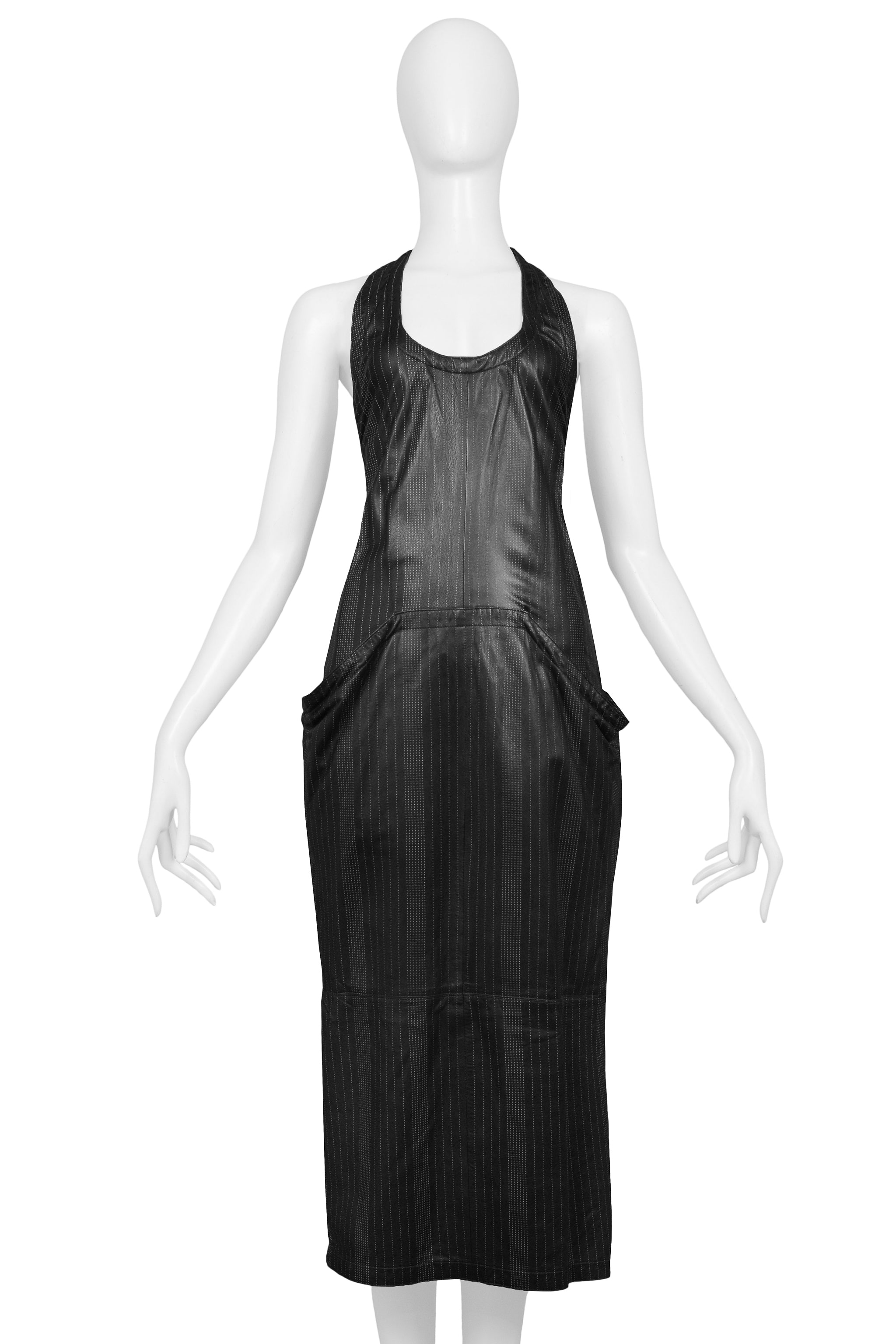 VERSACE BLACK LEATHER PINSTRIPE TANK DRESS 1990s