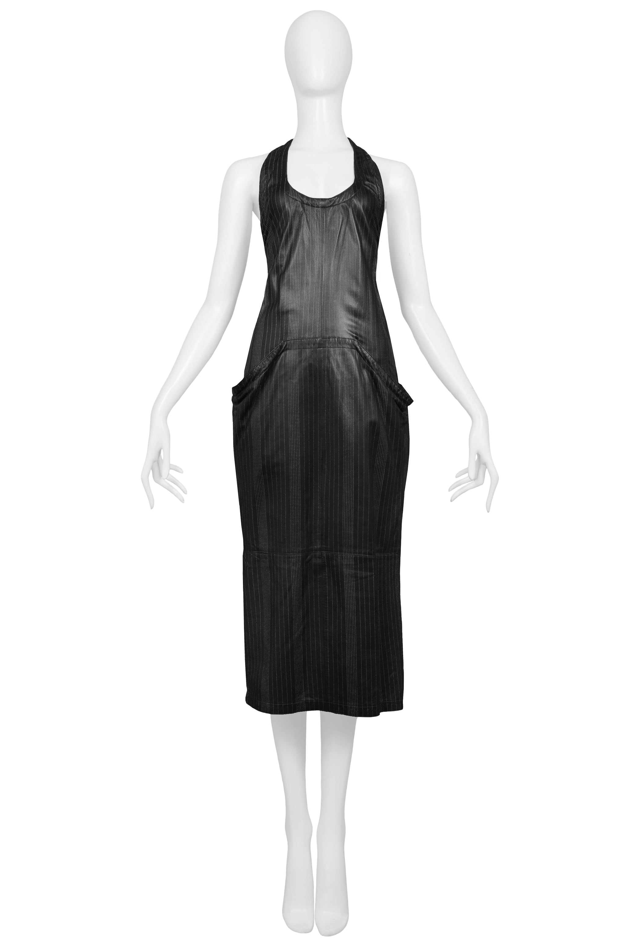 VERSACE BLACK LEATHER PINSTRIPE TANK DRESS 1990s