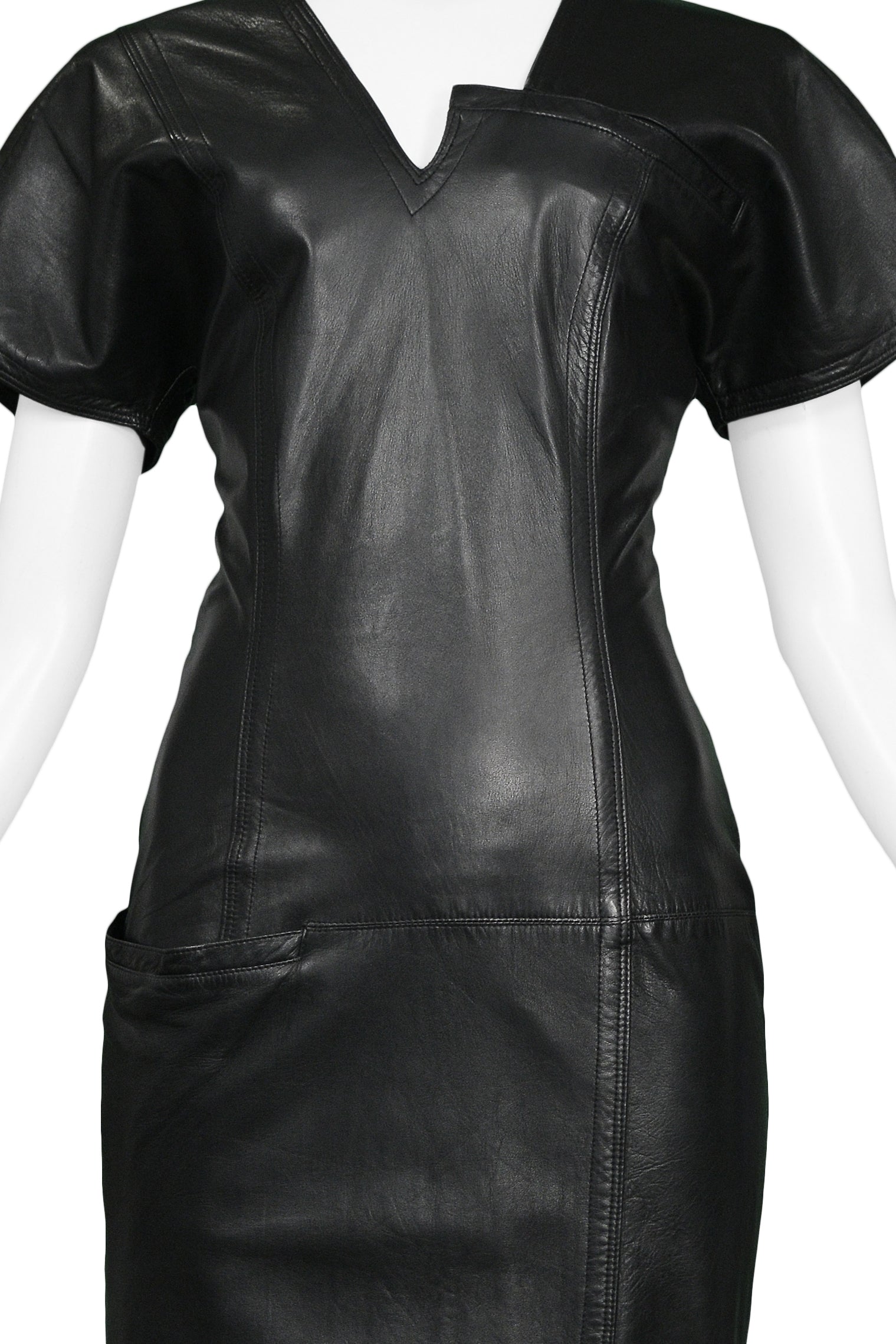 VERSACE BLACK ASYMMETRICAL LEATHER DRESS 1990s